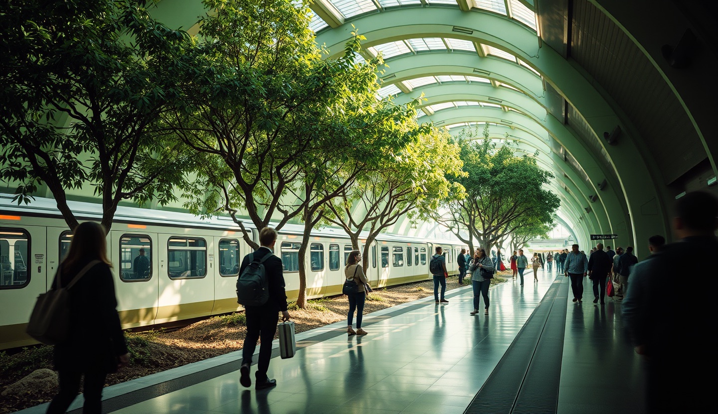 Des voyageurs attendent sur le quai d'une gare futuriste verdoyante, des arbres poussent à l'intérieur